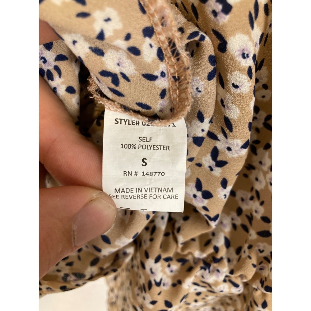 Cottagecore Sienna Sky Women Sm Tan Floral Peplum V-Neck Balloon Sleeve Blouse - Picture 6 of 10